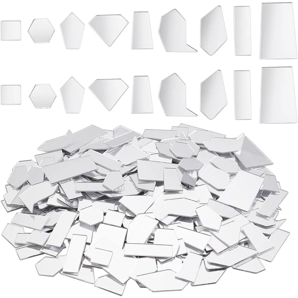 270 Stück 9 Stile Spiegelmosaikfliesen – Acryl-Minispiegel zum Basteln: Rechteckige, quadratische, sechseckige, trapezförmige Klebestücke