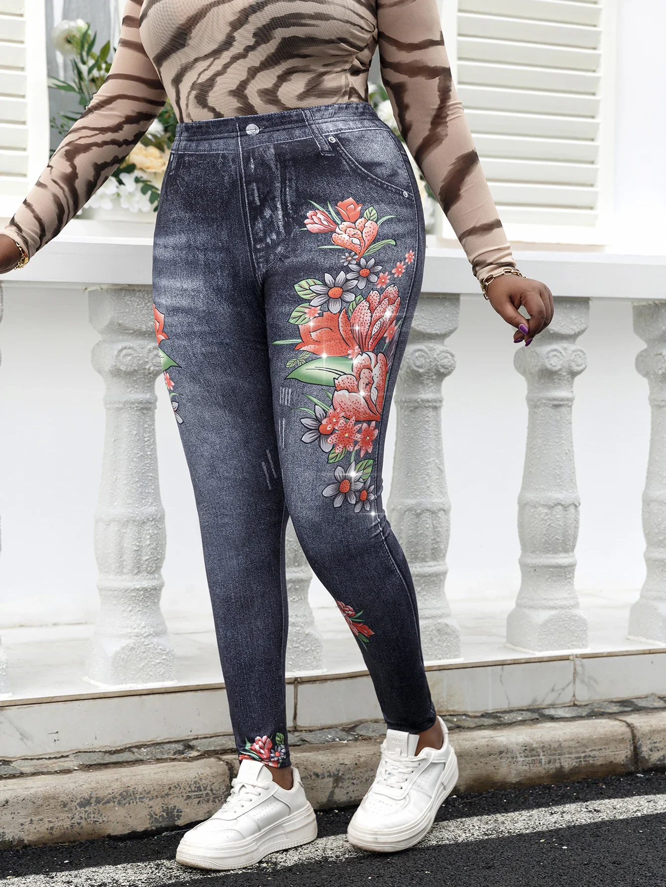 Plus Size Women\'s Skinny Leggings with Rhinestone Floral Imitation Denim-Inspired Print Comfortable High-Stretch Knit Pants