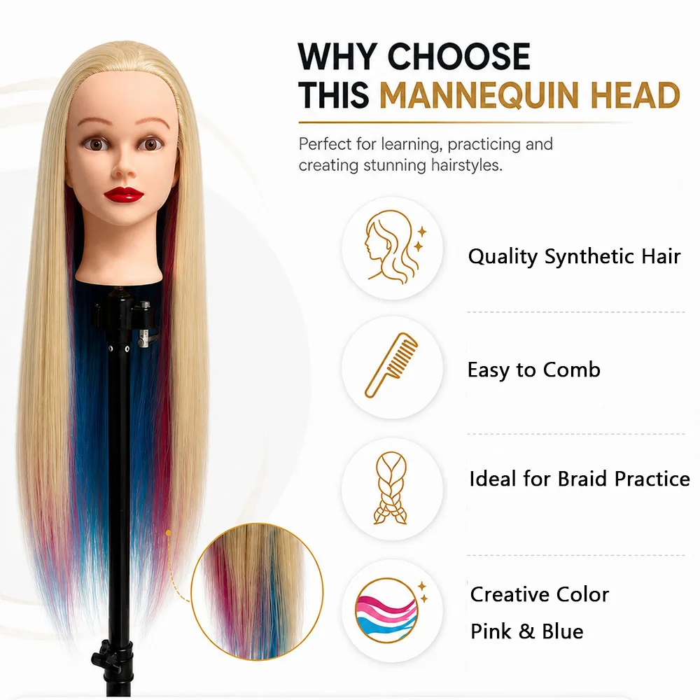 26 Inch Mannequin Head with Hair Colorful Cosmetology Head for Styling Practice Training Braiding with Clamp Holder