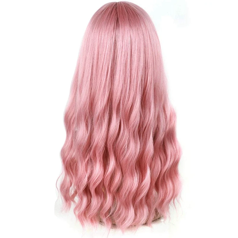 Pink Wig With Bangs Long Wavy Wig With Air Bangs Silky Full Heat Resistant Wig Hair Replacement Natural Looking Wig