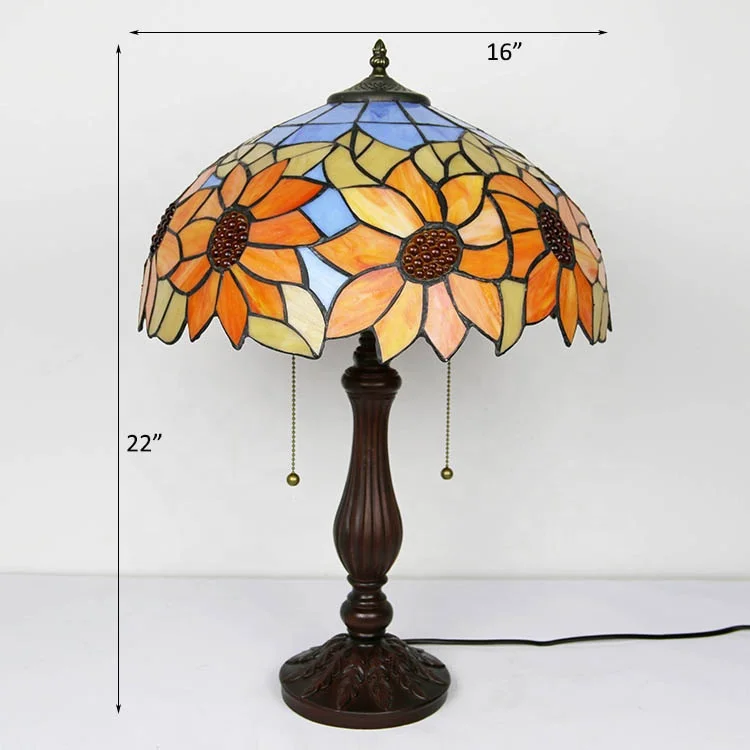Antique Art Style Tiffany Stained Glass Lamp 16-Inch Wide Sunflower Glass Shade 2-Light Bedside Reading Lamp