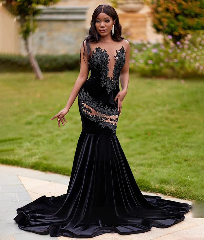 カスタマイズされた繊細なベルベットマーメイドアップリケイブニングドレス気質ノースリーブクルーネック背中の開いたオープンバックセレブドレス