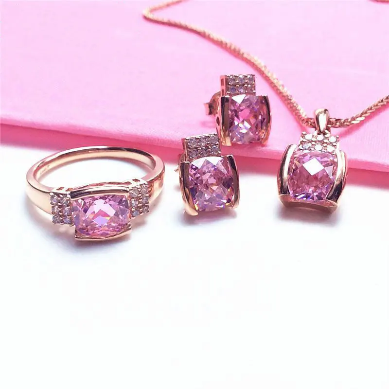 Romantic sweet style square pale pink gemstone jewelry set wedding necklac 585 purple gold 14K rose gold ring earrings for women