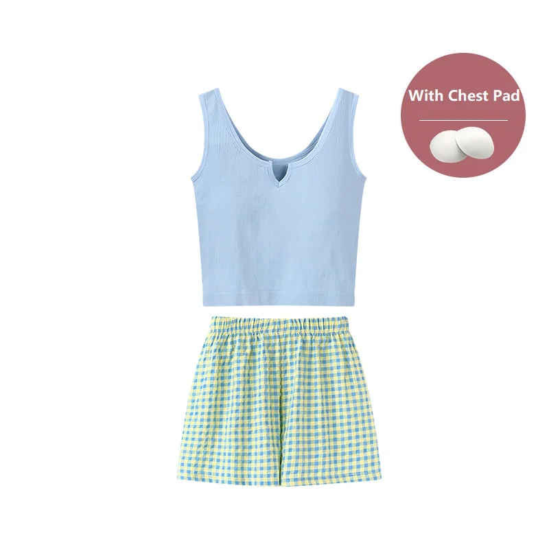 With chest pad summer sleepwear women pajamas sets sleeveless short tops + print short pants pijamas mujer vest women homewear image 4