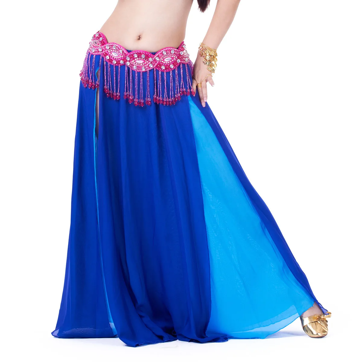 Dubbele Split Chiffon Rok Buikdans Sexy Rok Podium Show Performance Kwastjes Pailletten