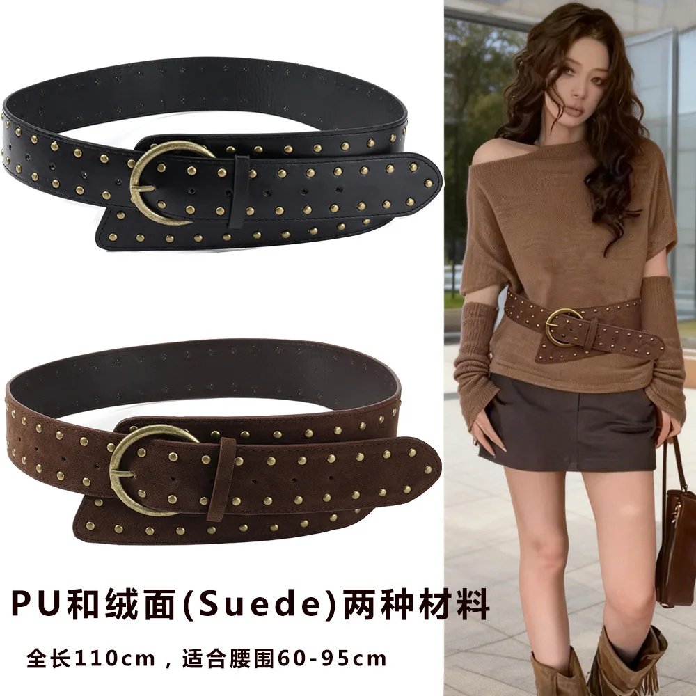 High Quality Women Luxury Boutique Punk Retro Wide Belt Heavy Industry Rivet Distinctive Metal Fashion Trend  Classic Pin Buckle