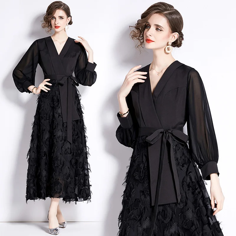 High Quality Elegant Autumn Spring Black Long Dress Designer Fashion Women V Neck Puff Sleeve Tassel Lace Up Belt Maxi Vestidos