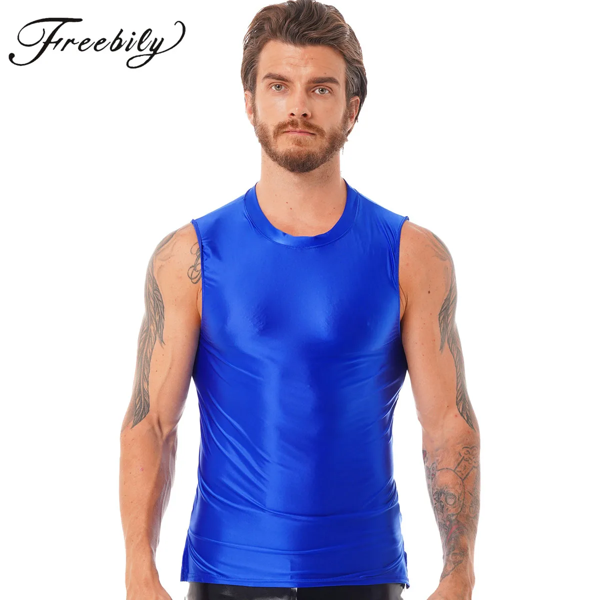 

Mens Smooth Glossy Tank Top Sleeveless Solid U Neck Oil Shiny Gym Fitness Swimming Yoga Vest Sportswear Swimwear