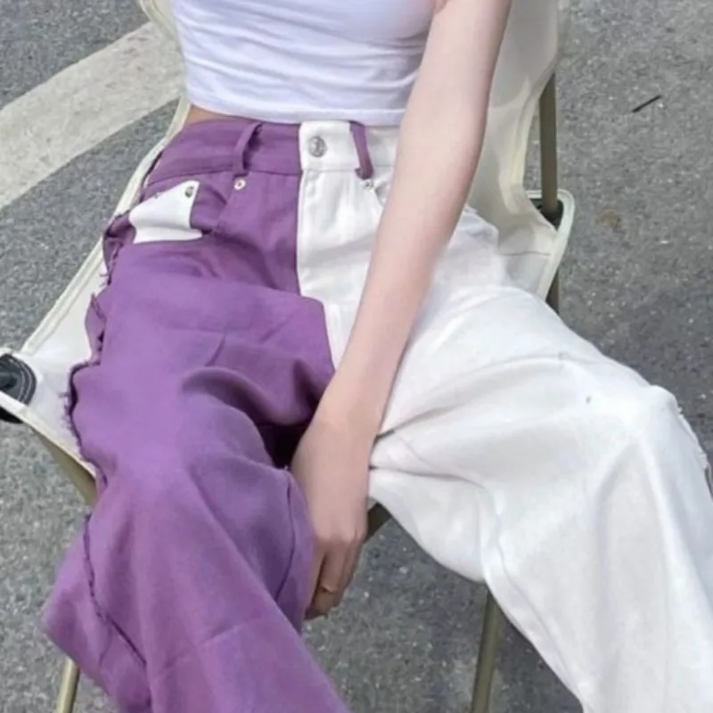 Y2k Clothes Denim Pants For Women Color Blocking Streetwear Pantalones De Mujer Fashion Versatile Retro Trousers
