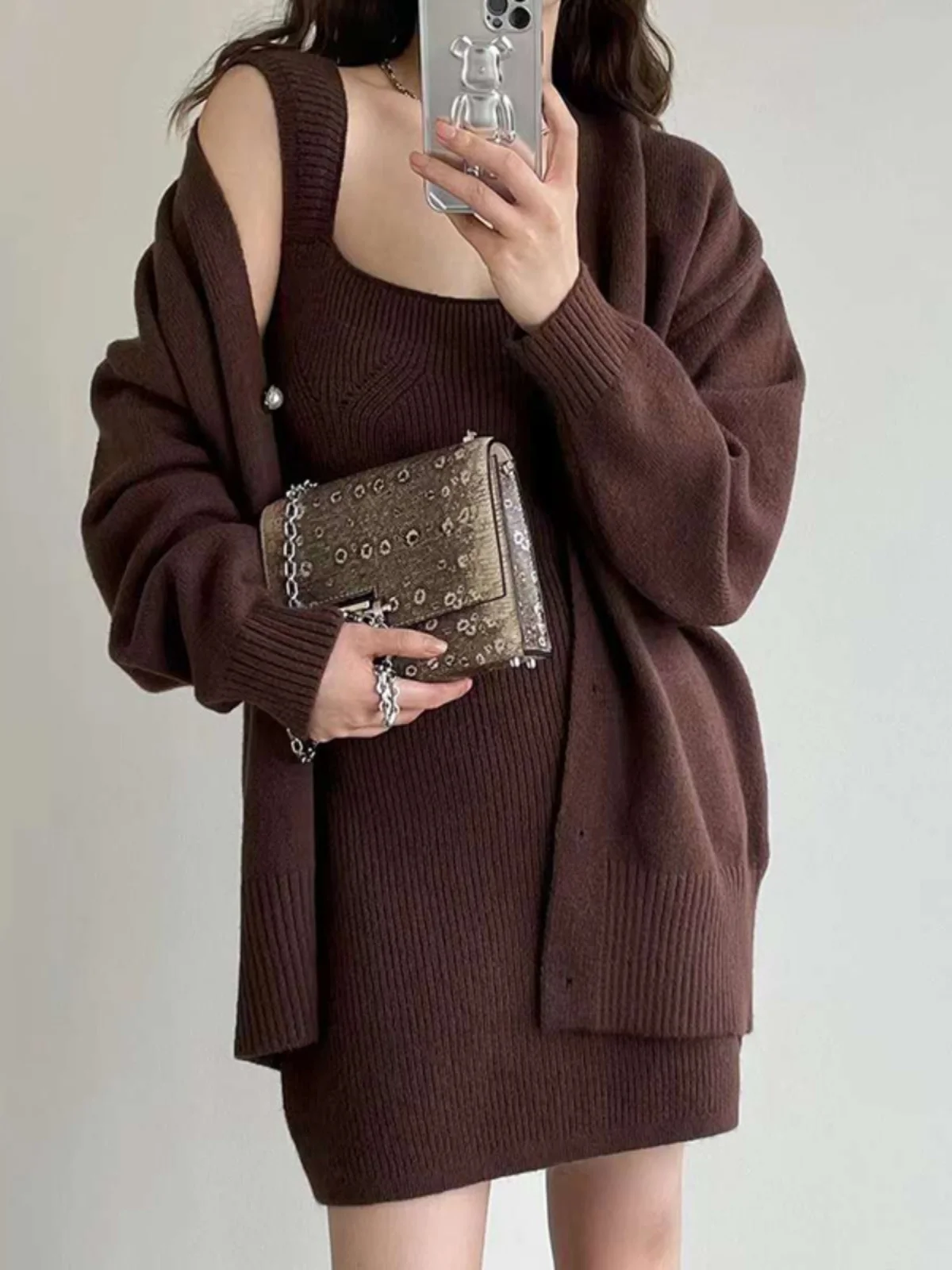 

Retro Knitted Open Cardigan Long Sleeve Slim Fit Dress Chic Autumn Winter Fashion Women's Set Student Uniform Work Outfit