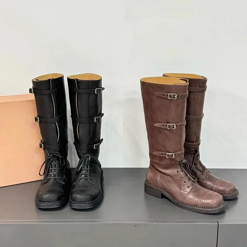 Belt Buckle Knee-High Long Boots For Women Leather Lace-Up Botas Largas De Mujer Square Toe Chunky Heel Motorcycle Boots Punk