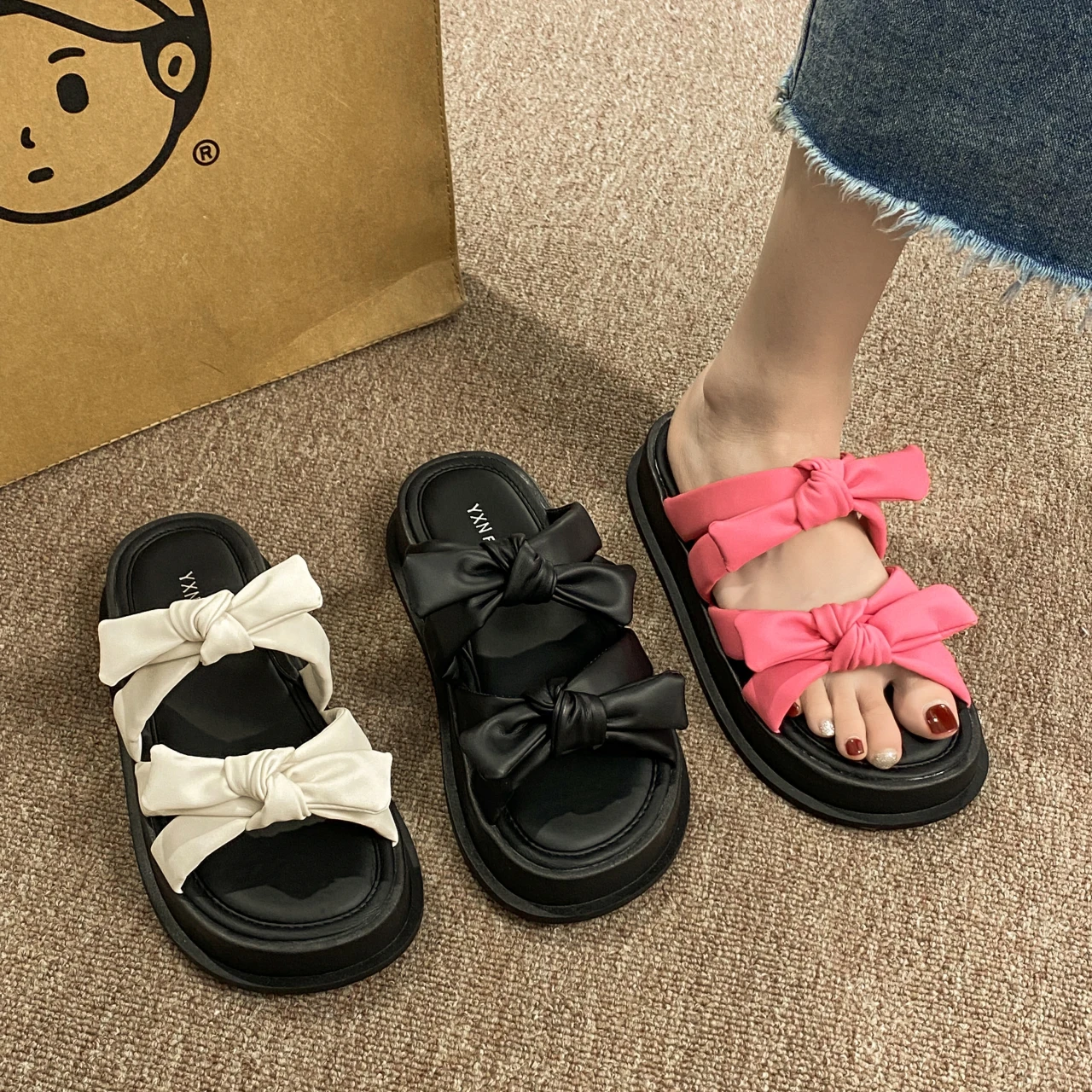 

House Slippers Platform Flat Shoes Female Slides Med Butterfly-Knot Summer Clogs Woman Pantofle Beach 2024 Rubber PU Butterfly-k