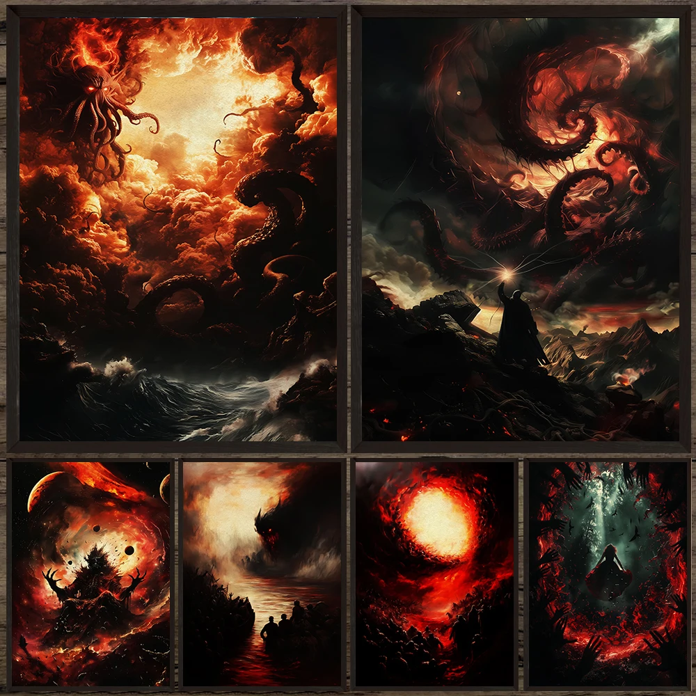 Cosmic Horror Landscape Cthulhu Dark Fantasy Art Poster Print Decor,Epic Vision Of Hell Gothic Wall Art Canvas Painting Unframed