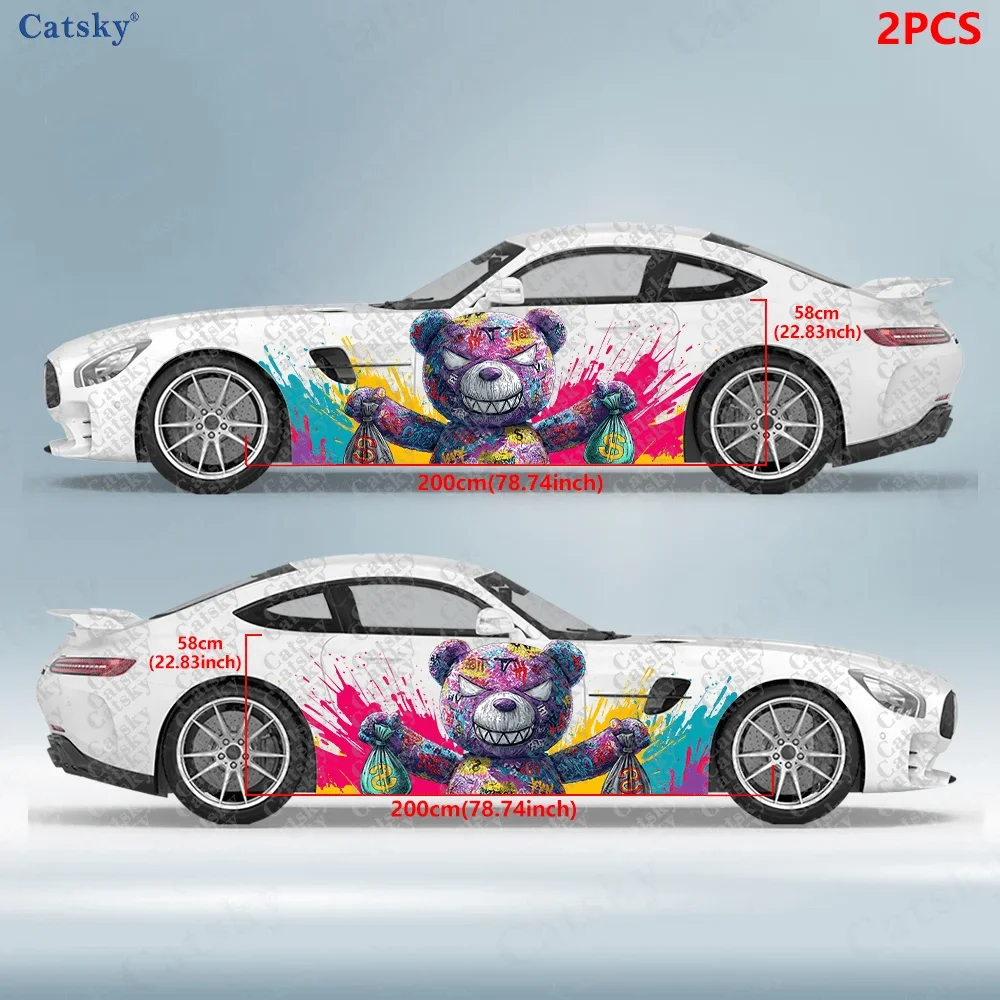 2pcs Teddy Bear Holding Money Bag Car Side Wraps, Self-Adhesive PVC Waterproof & Scratch-Resistant Stickers, Car Accessory Gift