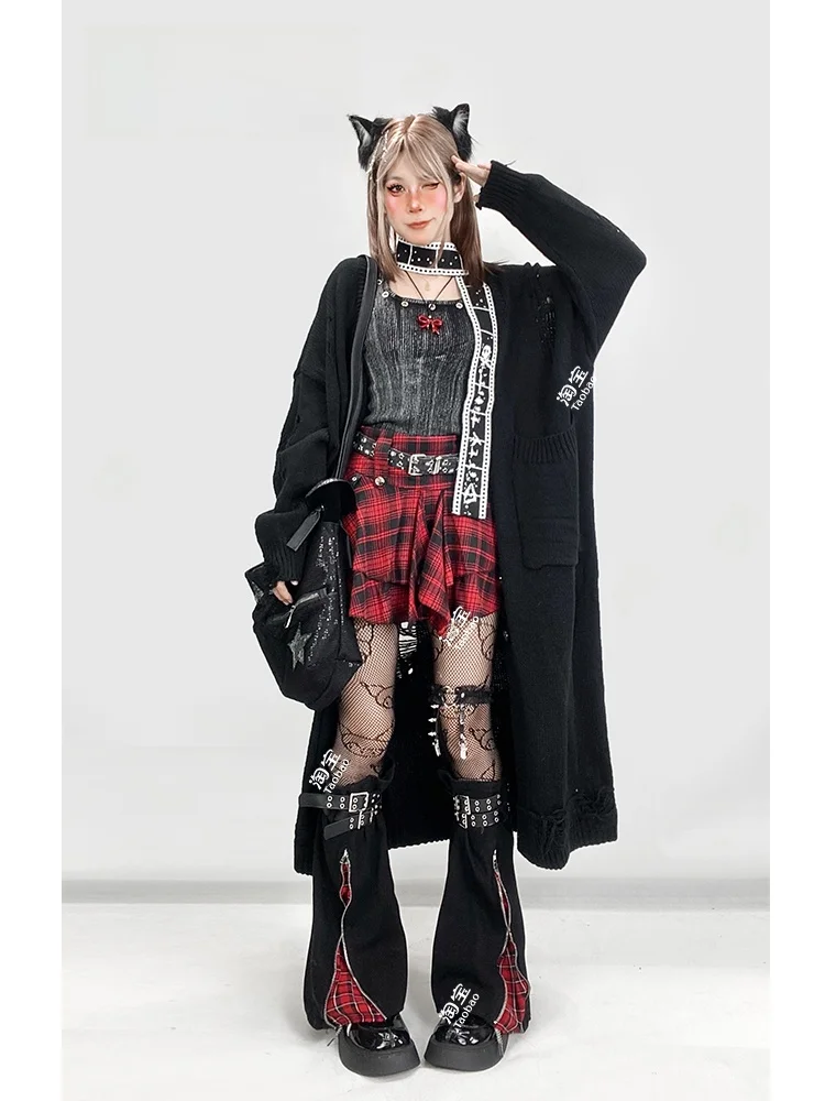 

Хэллоуин Субкультура Красная клетчатая асимметричная юбка Плиссированная юбка-тортик Нога Y2K Комплект Street Sle Высокая талия Другой материал