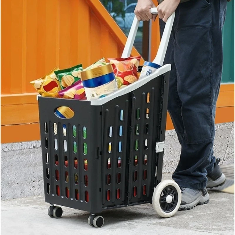 Household Foldable Thickened Shopping Trolley Universal Wheel Portable Grocery Snack Basket Handcart for Daily Market Shopping