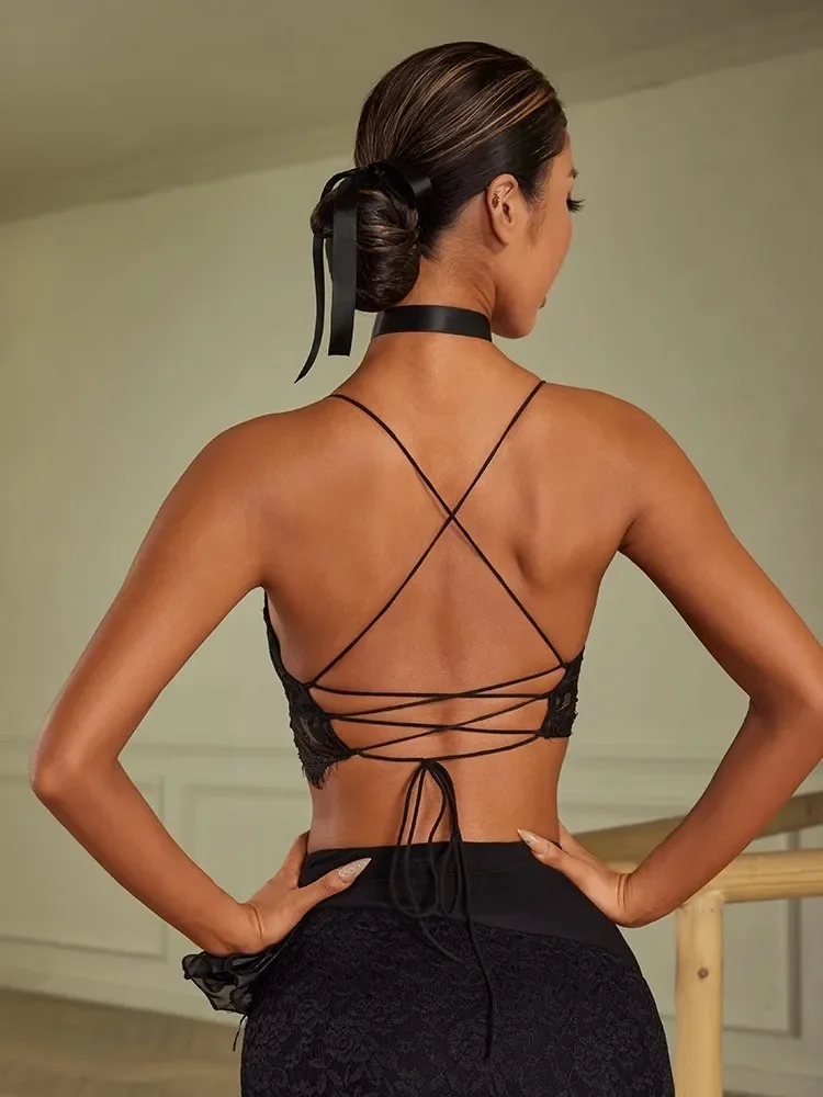 Nouveau Haut en dentelle de danse latine, vêtements d'entraînement de pratique de salle de bal Sexy avec soutien-gorge et ficelle réglable