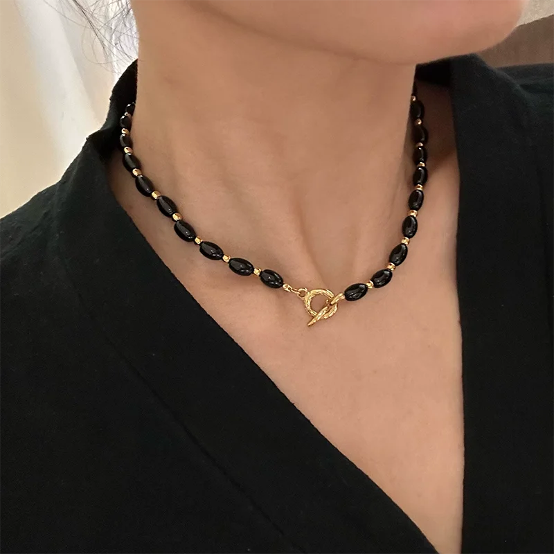 Black agate beaded long necklaces stainless steel sweater necklaces vintage elegant black stainless steel jewelry non tarnish