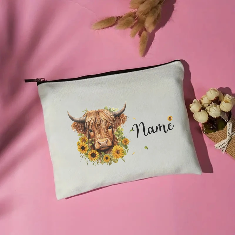 Personalised Highland Cow Custom Name Bag Travel Storage Toiletry Bags Office Supplies Pencil Case Wallet Farm Animal Lover Gift
