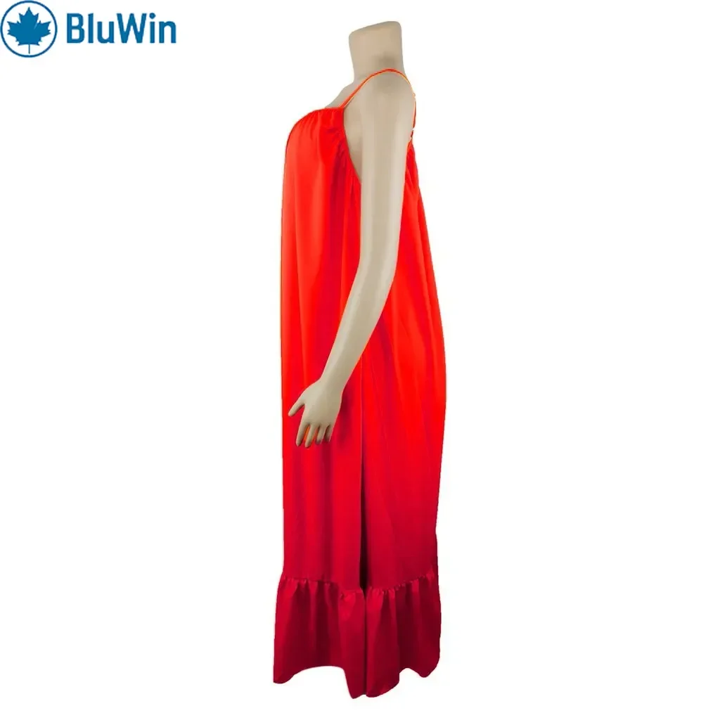 BluWin 7Colors Slip Maxi Dress Women Spaghetti Strap Ruffle Hem Front Slit Flowy Red Beach Vacation Party 