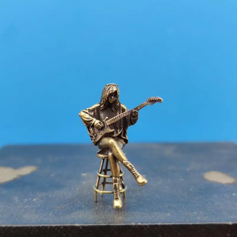 Retro Bar Female Guitarist Doll Figurine Vintage Brass Statue Model Mini Craft Figure Desktop Ornament Office Home Decoration