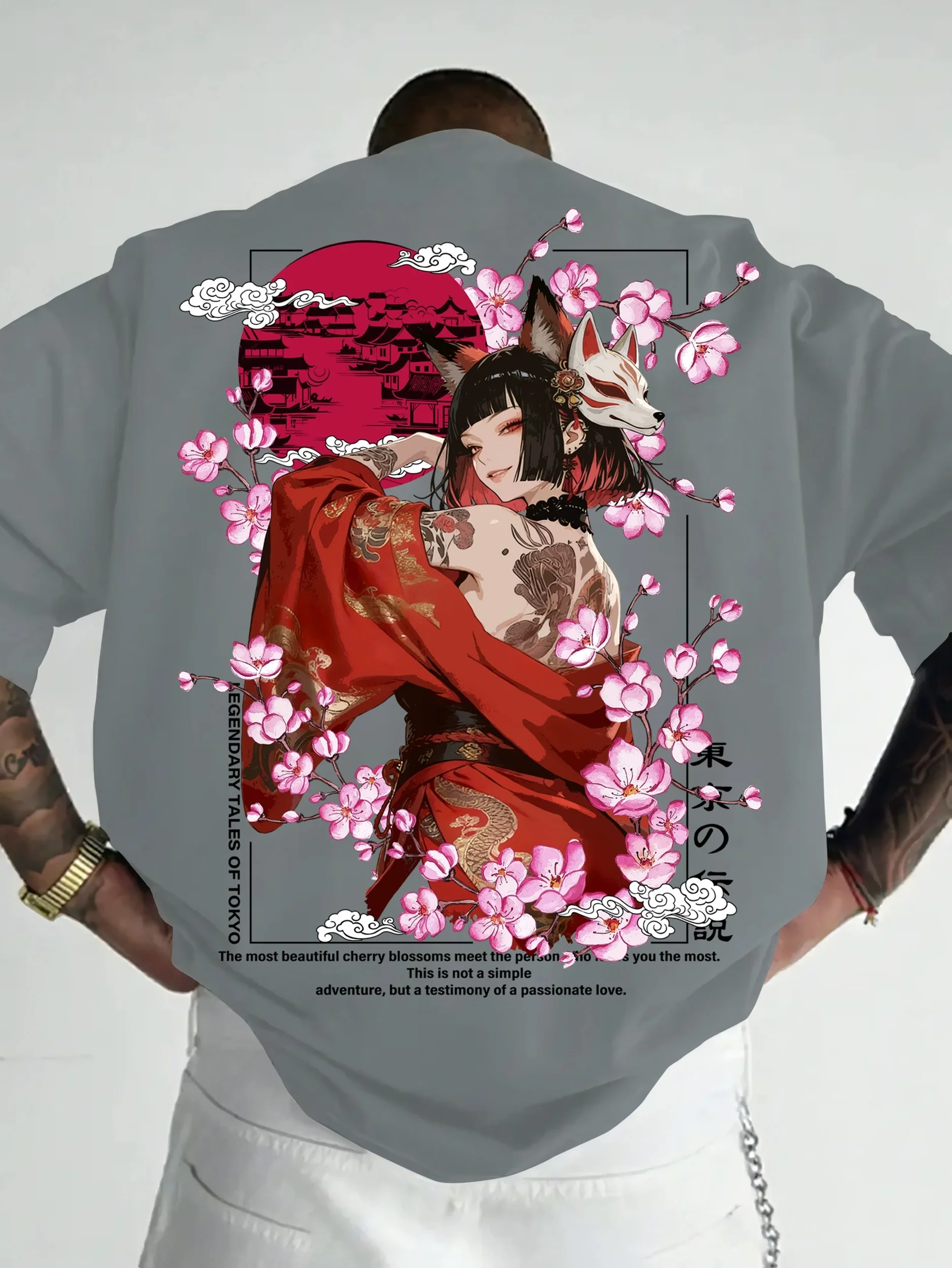 Japanischer Stil, Fuchsdämon, Geisha, Kirschblüten, Tokyo-Legende, japanischer Slogan, personalisiertes T-Shirt aus reiner Baumwolle für Männer und Frauen – Detail 7
