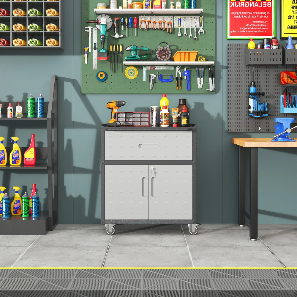 

Sturdy and Durable Metal Tool Cabinet for Garage with Wheels,Mobile Heavy-Duty Storage Cabinet with 1 Drawer and 2 Locking Doors