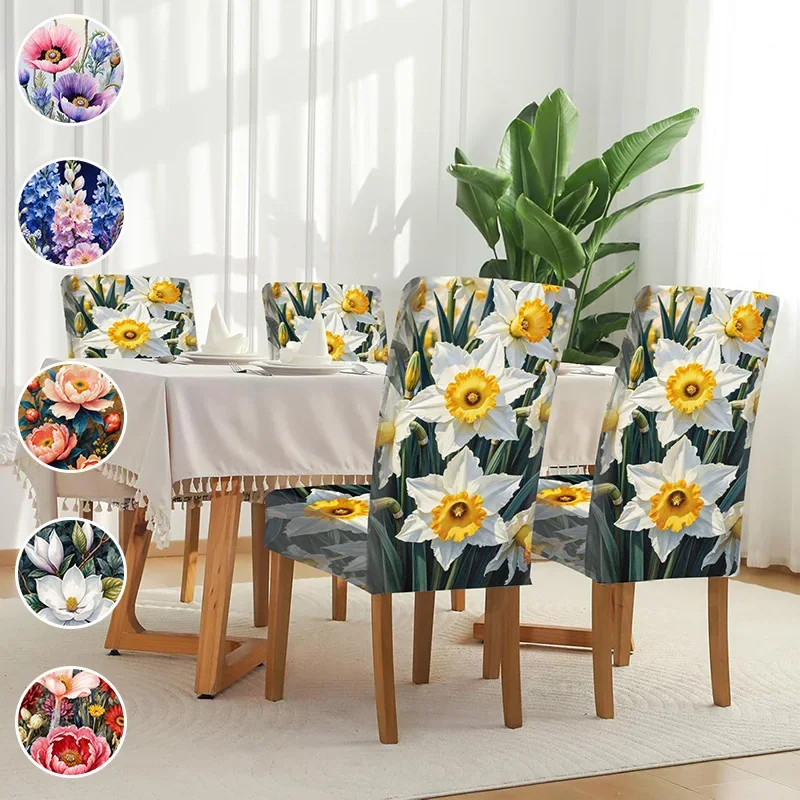 Elastic printed dining chair cover, removable and washable anti-grab seat cover, gorgeous natural flower pattern