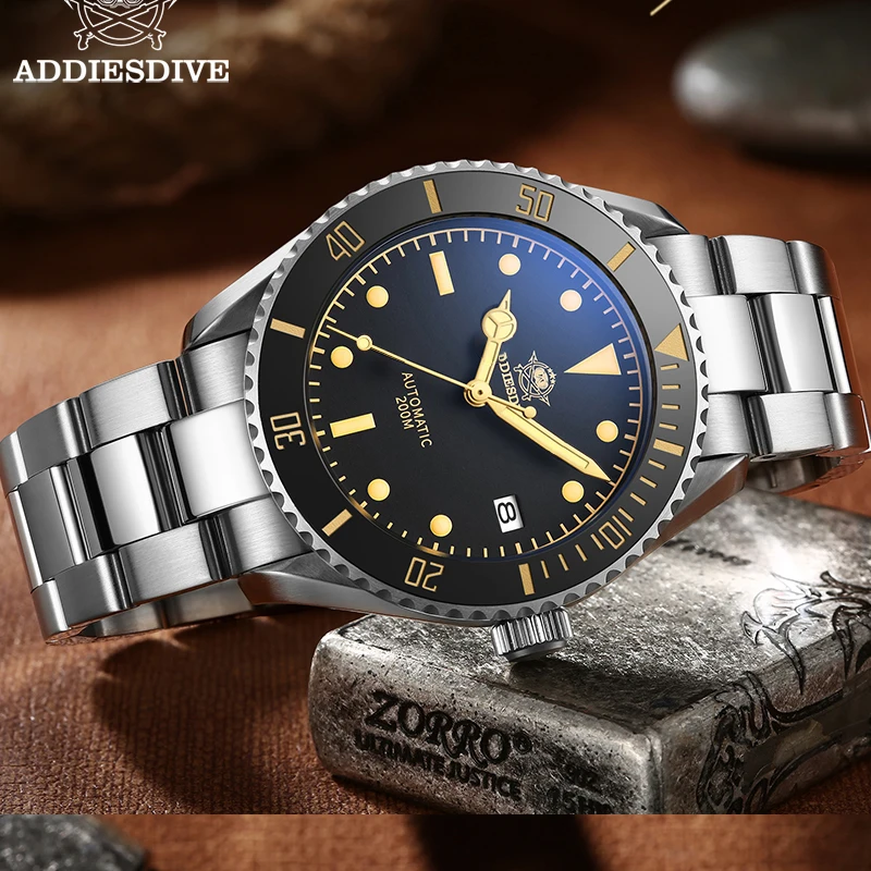 ADDIESDIVE Business Mens Automatic Watches Vintage Leather 200M Diving Mechanical Watches Luxury AD2101 Sapphire Wristwhach