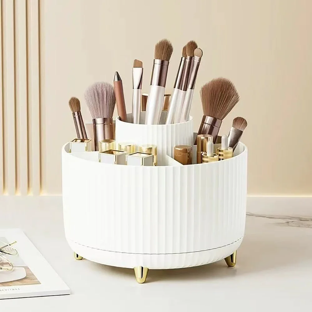 

1pc 360° Rotating Makeup Organizer - 5 Compartment Plastic Cosmetic Storage Holder, Multi-Functional Stand for Brushes