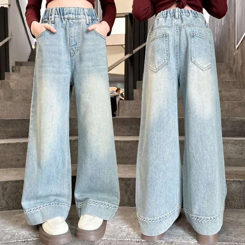 

New Girls Jeans Children Spring Autumn Wide-Leg Denim Pants Fashion Kids Teenager Straight Trousers Loose Casual Straight Pants