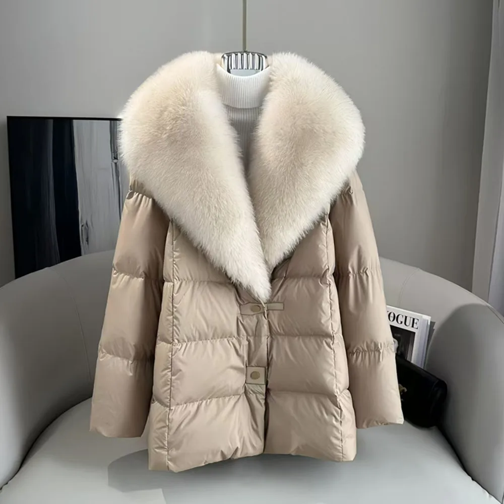 Piumini d\'anatra per donna, cappotto monopetto, giacca a vento con collo di pelliccia, impiombato, inverno, nuovo, 2024