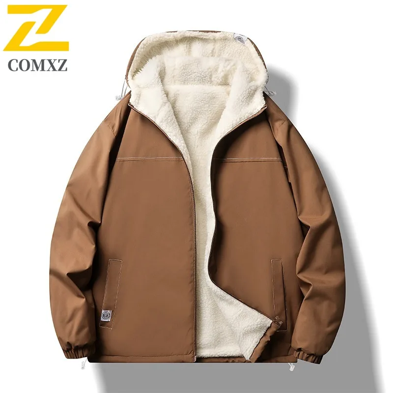 COMXZ 2025 Mens Winter Sherpa Lined Thick Hooded Cotton Jacket Loose Fit Korean Style Waterproof Streetwear Coat windbreaker