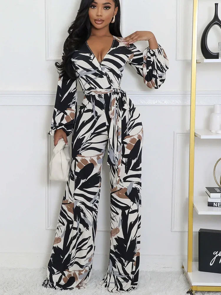 Leaf Print Wide Leg Jumpsuit Women Long Lantern Sleeve V-neck One Pieces Rompers Womens Overalls Macacao Feminino Longo Elegante