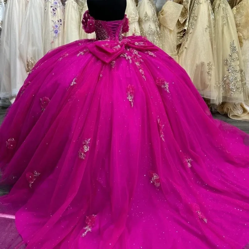 

Charming Mexican Fuchsia Princess Girl Quinceanera Dresses Cap Sleeve Flower Beading Bow Puffy Skirt Women Prom Party Dress 15