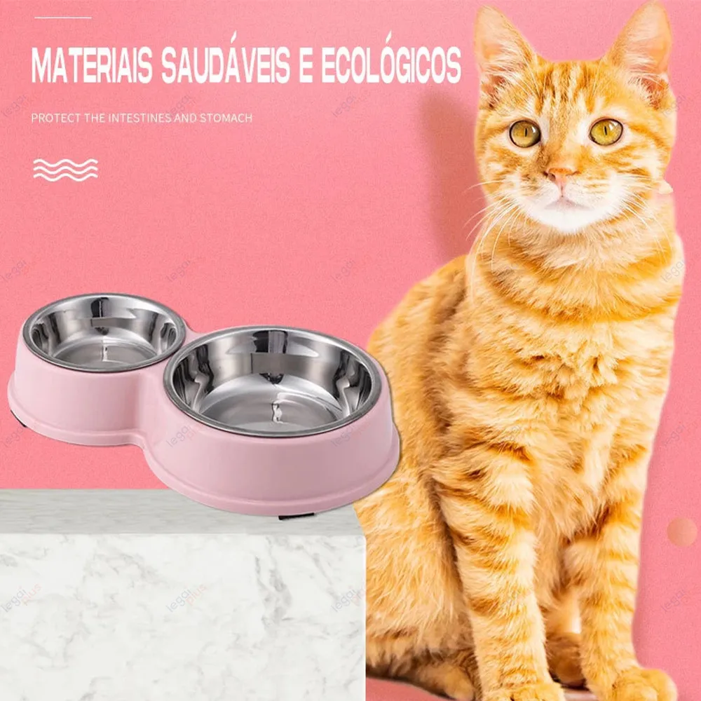 Comedouro e Bebedouro Duplo em Aço Inoxidável, Base Antiderrapante, Para Cães e Gatos, Tigela Pet