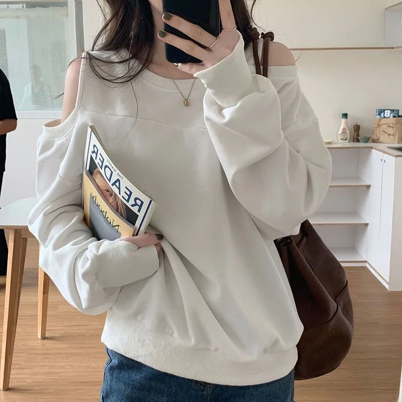 New Spring and Autumn Fashion Trend Off Shoulder Hanging Neck Solid Color Versatile Loose Size Casual Style Women\'s Sweater