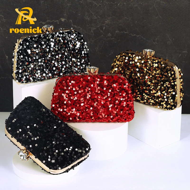 ROENICK Women Retro Sequins Clutch Crystal Wedding Black Diamonds Evening Bags Holiday Party Gold Small Handbags Purse Club Tote