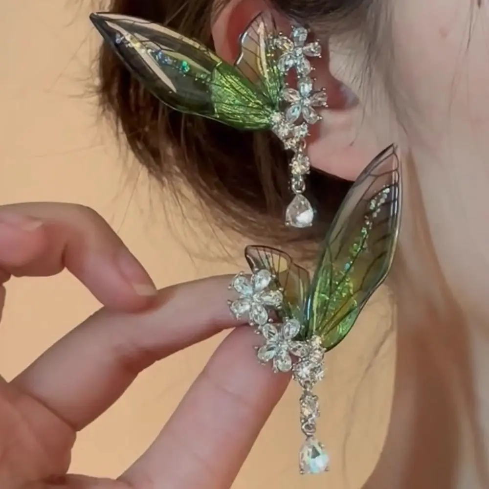 Sweet Exquisite Green Elf Ear Clip Transparent Rhinestone Butterfly Earrings Shiny Translucent Wings Ear Clip Party