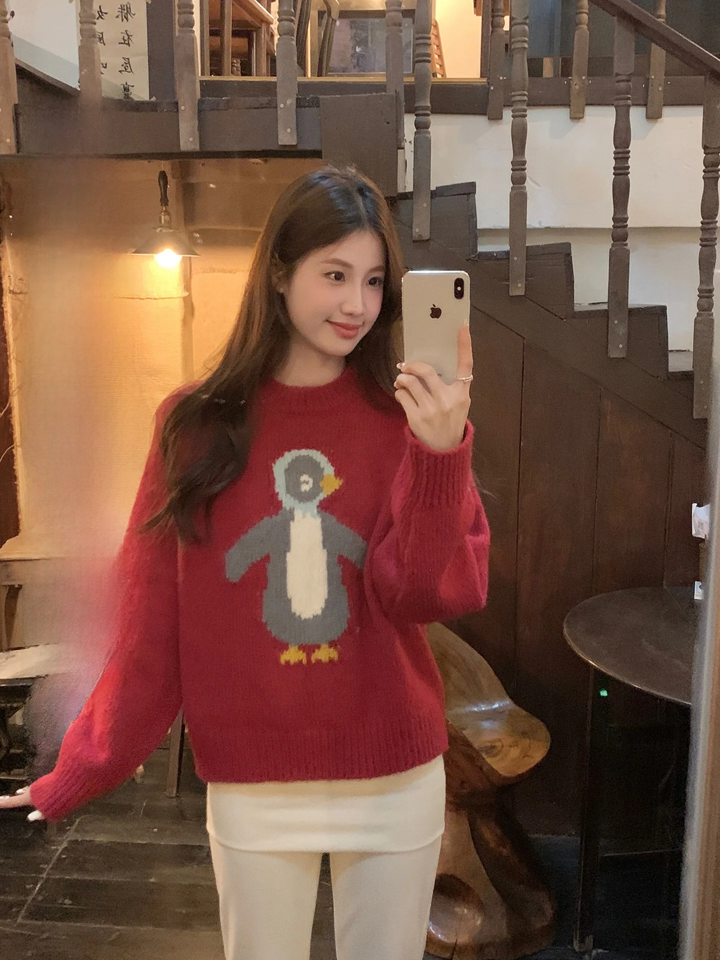 

Cartoon Penguin Lazy Sle Women's Knitted Sweater Thi Needle Overhead Design Sense Warm Inner Wear Casual Loose Fit Long S...