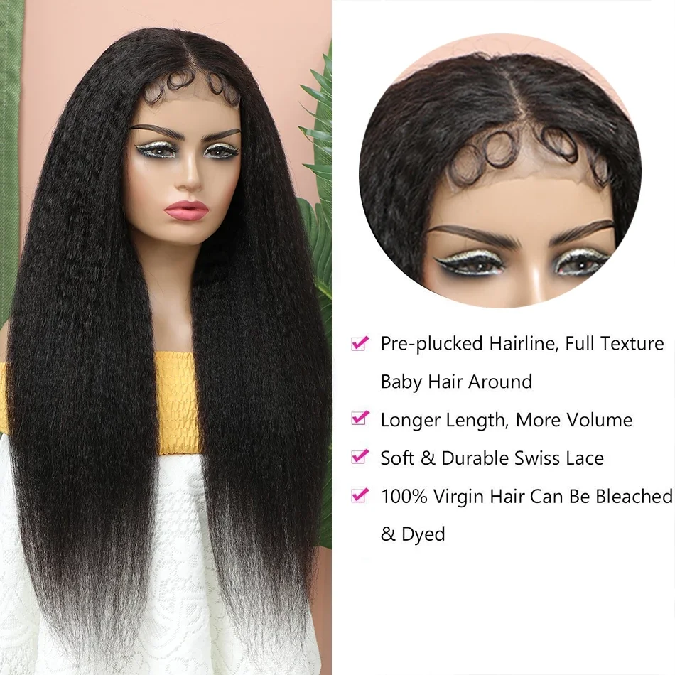 Kinky Straight 13x6 Lace Front Wig Peruvian Yaki Human Hair Natural Black Glueless 360 HD Frontal Wigs For Women 18 22 INCH Long