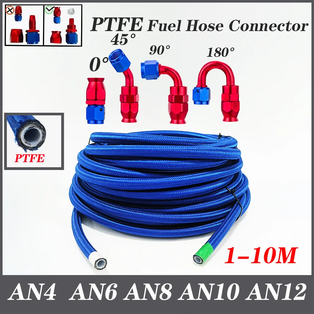 1-10M AN4 -AN12 E85 Tube Nylon Stainless Steel Braided PTFE Blue Fuel Line Fitting Kit 4pcs Aluminium Swivel Hose Ends Connector