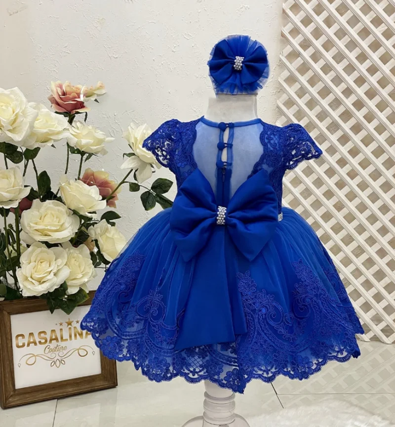 

Royal Blue Lace Tulle Flower Girl Dress O Neck Big Bow Infant Tutu Outfit Kid Birthday Party Gown Christmas Dress Headpiece