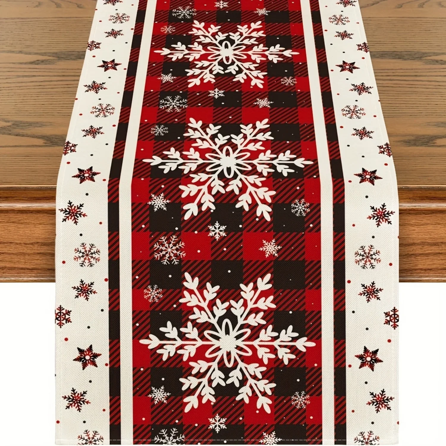Festive Buffalo Plaid Christmas Table Runner with Snowflake Design, Rectangular,Black Checkered with White Snowflakes and Dots