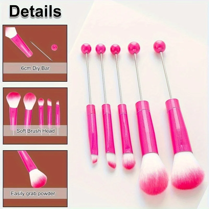 5Pcs Beadable Makeup Brushes Set, Customizable Bead Handle Cosmetic Brushes for Foundation Blush Eyeshadow, Multi-color Options