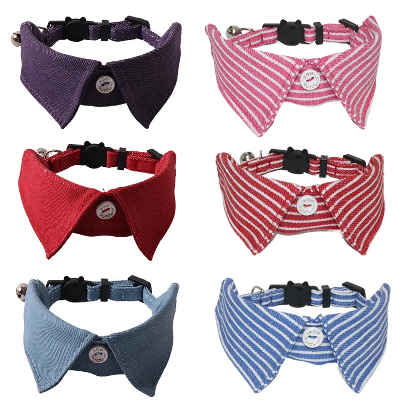 Pet Dog Collier Chain for Kitten Cats Birthday Formal Suit Fashion Small Cat Tuxedo Collar Gato Bowtie with Bell Denim Stripe