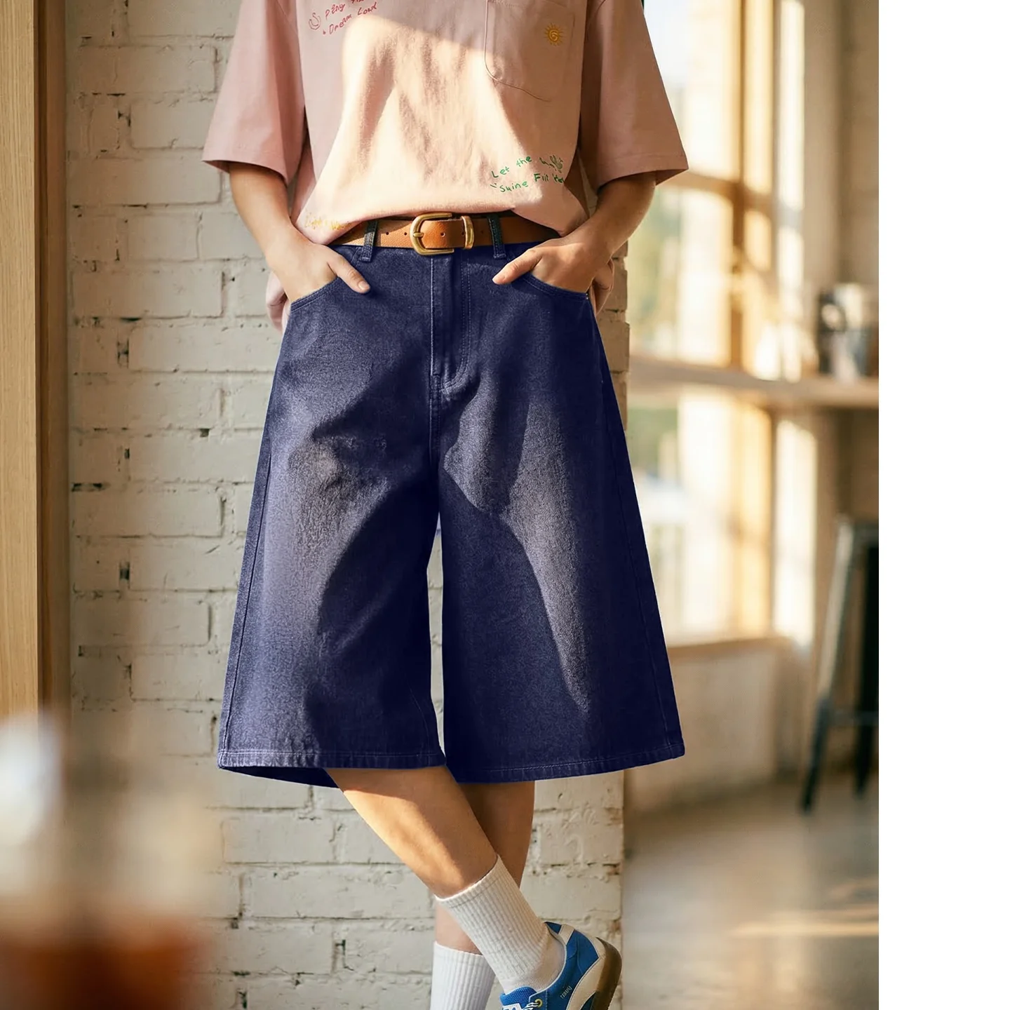 

Maden Women's Vintage Wide Leg High Waist Denim Capris Straight Fit Embroidered Jeans Zipper Fly Casual Summer Pants