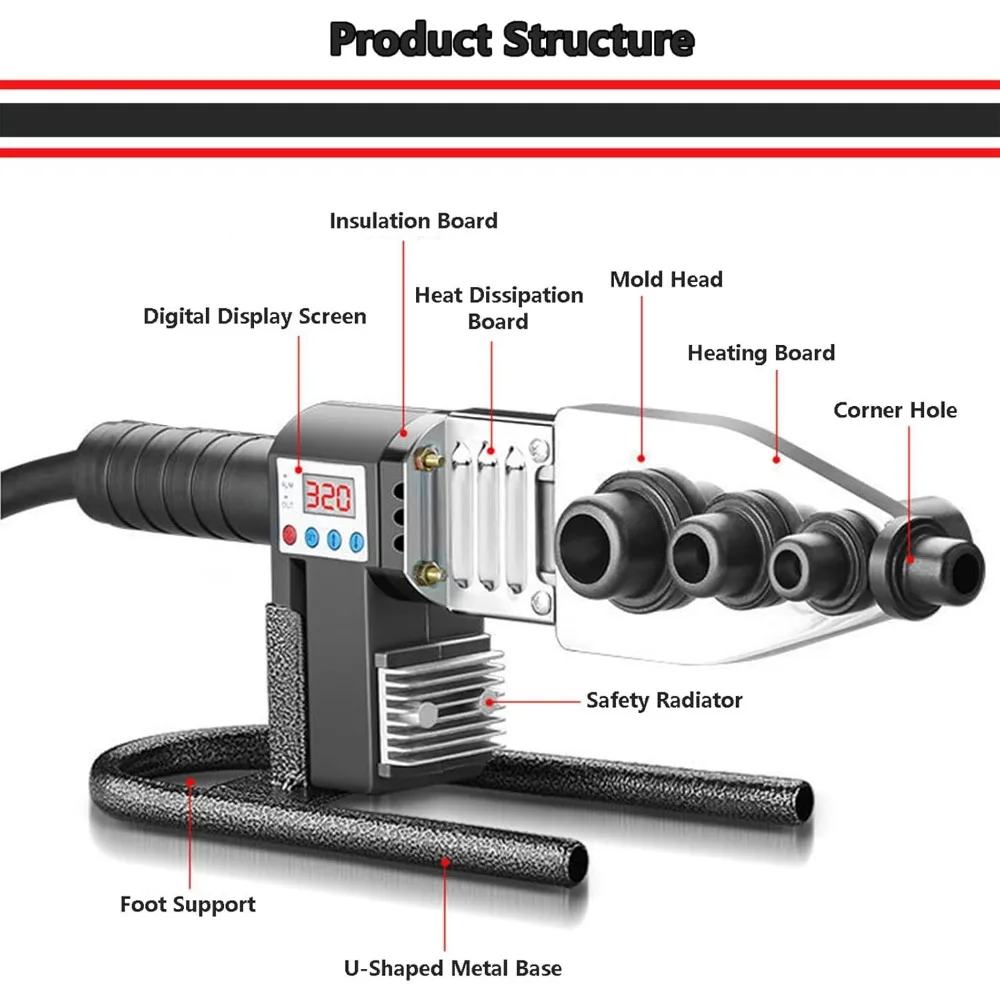 100-320°C Pipe Fusion Welder,Digital Display,Electric Plastic Pipe Welding Kit for Plumbing Projects,Hot Melt Machine with Temp