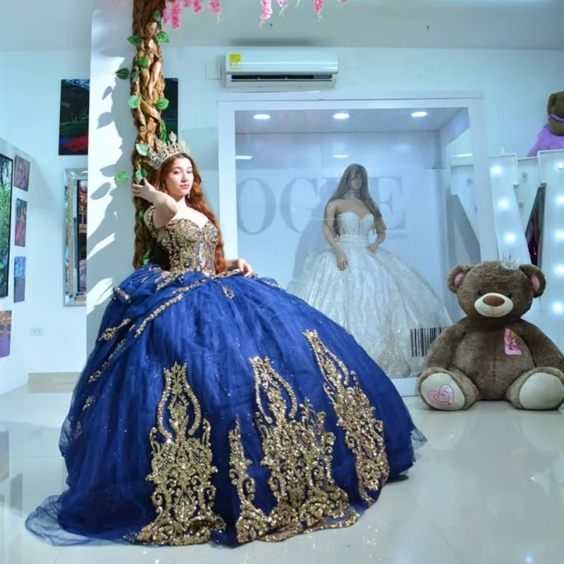 

Customized Shiny dark blue Quinceanera Dresses Off the Shoulder gold sequins layering applique Long tail Vestido 15 Quinceanera
