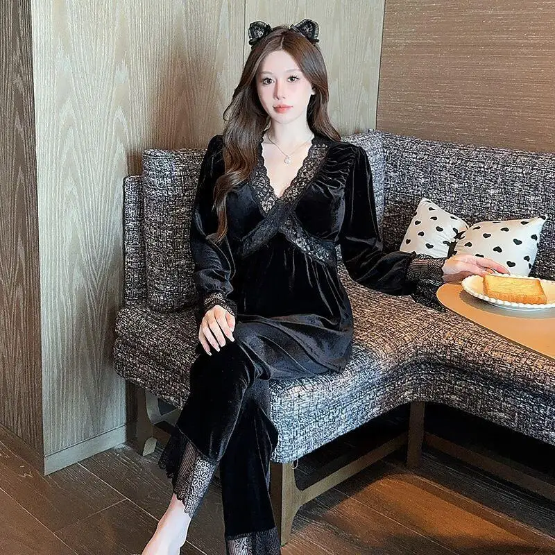 

Girls Pleuche Lace Edge Pajamas Sets Women Sexy Long Sleeve Pants Leisure Wear Spring Autumn Clothes Outside Girl's Gift New